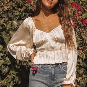 Lulus Sophisticate Cream Satin Ruched Long Sleeve Top